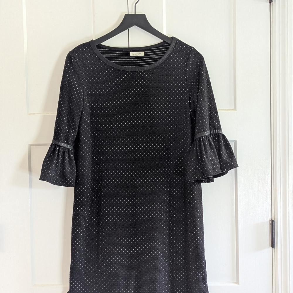 Max studio Black Polka Dot Women's dress Flounced Sleeves Sz SMALL Excel Used